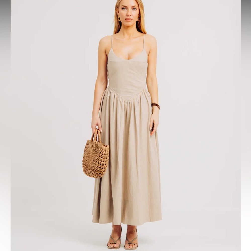 Torn by Ronny Kobo Beige The Camila Dress Midi Dress Medium - Picture 3 of 9